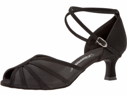 Elegante schwarze Tanzschuhe mit Mesh-Einsatz. Die Tanzschuhe haben eine kleine Zehenöffnung und einen 5cm Absatz.