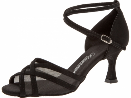 Das  Tanzschuhmodell 035-087-040 ist eine Riemchensandalette mit Mesheinsatz, die einen 6,5cm Flare Absatz hat.