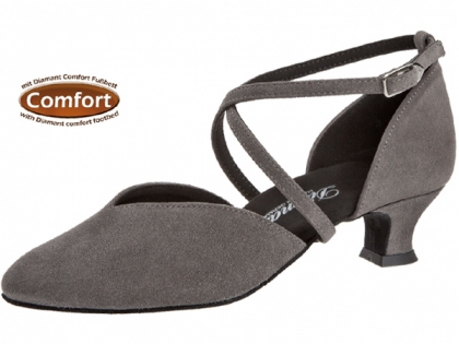 Die Tanzschuhe werden aus weichem grauen Velourleder hergestellt. Dieses Tanzschuh-Modell ist der beliebteste Tanzschuh mit einem 4,2cm Absatz.