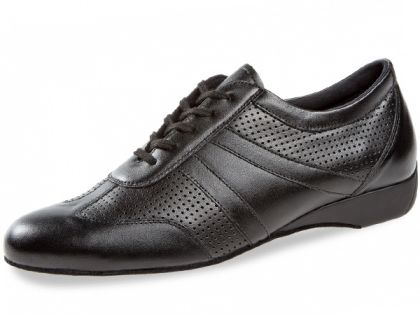 Gemütlicher Tanzsneaker aus schwarzem Velourleder versehen mir weichen Nappalederstücken an Schuhspitze, Schnürriemchenbereich und Ferse.