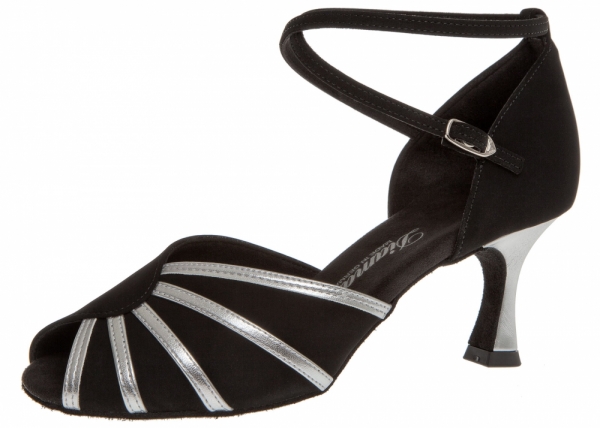 Schwarze Tanzschuhe mit silbernen Streifen und einer kleinen Zehenöffnung.